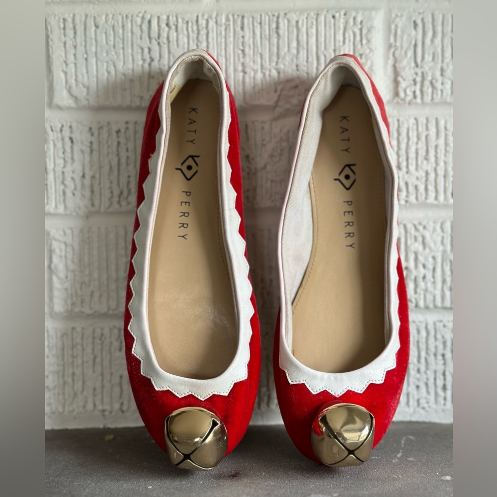 Katy Perry Collections Red and White Flats with Gold Bell Accent